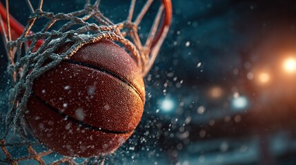 Close-up of a textured basketball falling through a net with dramatic court lighting