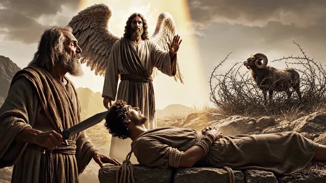 Abrahams sacrifice of Isaac, an angel intervention preventing a father from offering his son, and ram substitution for symbolic redemption