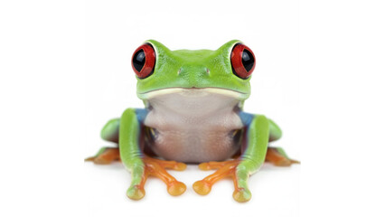 Obraz premium Bright Green Tree Frog With Red Eyes Front View On White Background For Stock Photo