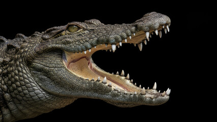 Close-Up Crocodile Head With Open Jaw And Sharp Teeth, Fierce Predator Portrait