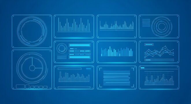 Futuristic digital data dashboard interface on blue background - Powered by Adobe