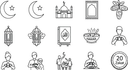 Obraz premium Print Minimalist Ramadan and Islamic Line Icon Set Featuring Mosque Lantern Prayer and Community Charity Symbols