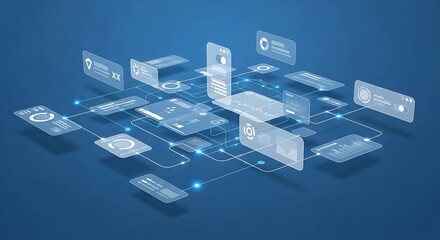 3D Digital Interface with Floating Interactive Data Panels on Blue Background