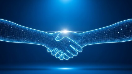 Obraz premium Glowing blue handshake with sparkling lines and light beam background