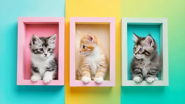 Adorable kittens playfully posing in colorful boxes on vibrant backgrounds