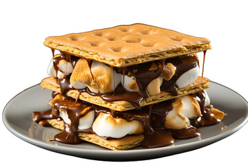 Smores dessert with melted chocolate, marshmallow, and graham crackers, Isolated to Transparent Background