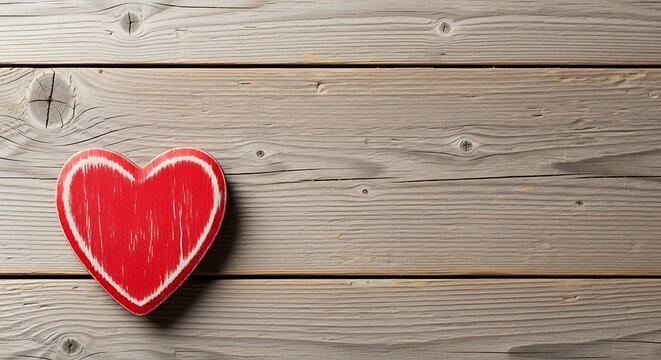 Red heart on rustic wooden background with copy space