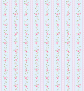 Seamless vintage floral pattern with vertical pink rose vines and white pearl stripes on a pastel blue background. Elegant romantic wallpaper.
