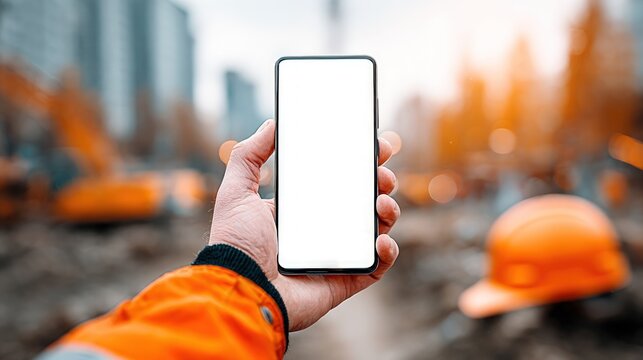 Worker's hand holds blank smartphone at a sunny construction site with heavy machinery
