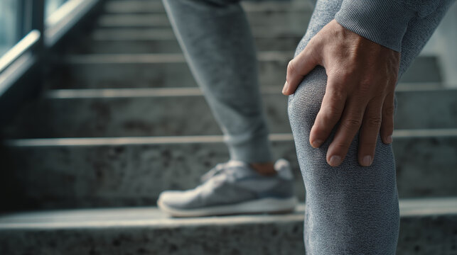 Close up of person holding painful knee on stairs