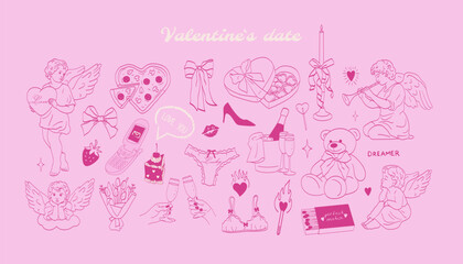 Fototapeta premium Valentines day date hand drawn doodles sketch drawings. Valentines day gifts and cupids.