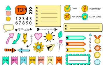 Doodle-style journal elements and flags for weekly planning, isolated on transparent background.