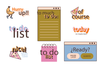 Funny cartoon phrases and to-do list elements, isolated on transparent background for planners