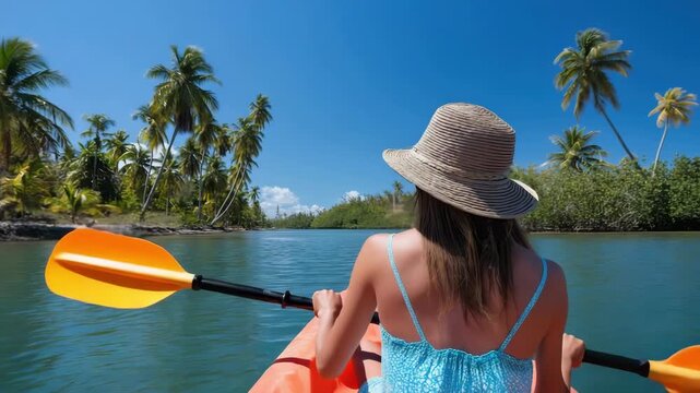 Woman kayaking through tropical paradise amidst lush greenery and clear blue skies