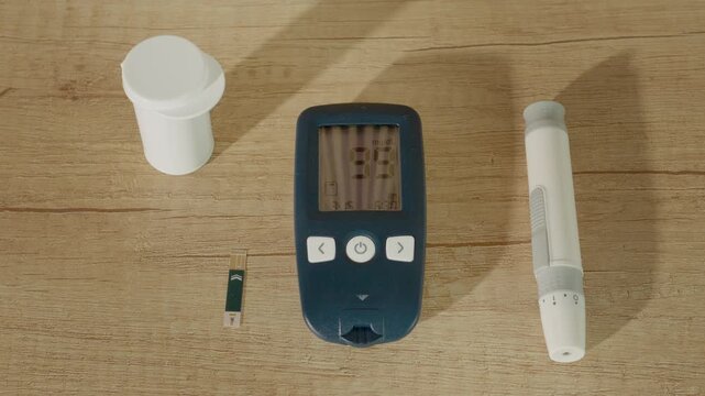 The glucometer shows a reading of 99 mg dL on a wooden table. This number indicates good blood sugar control. Monitor health to prevent complications in diabetes.