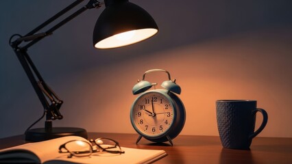 Cozy workspace with alarm clock, lamp, and coffee cup on wooden desk