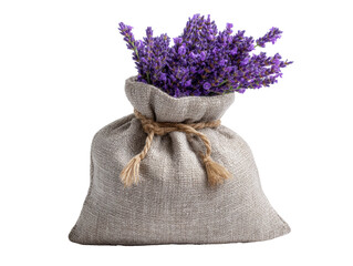A rustic pouch overflowing with fragrant lavender, symbolizing tranquility and natural beauty. Isolated Transparent Background, PNG