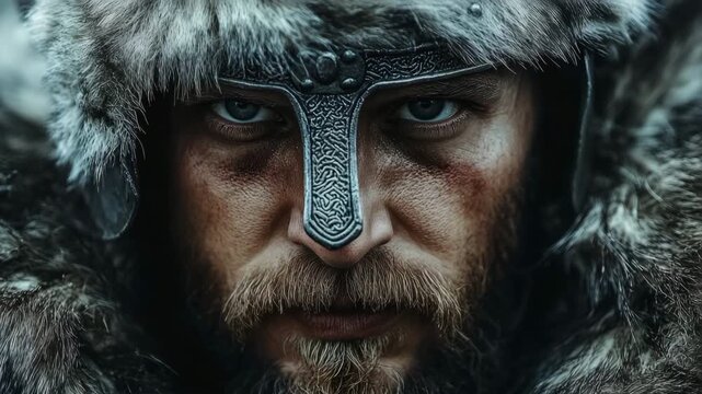 Extreme close-up of a serious viking warrior with a beard, fur hood, and ornate helmet