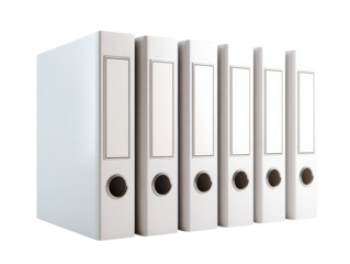 Row of organized white file binders Isolated Transparent Background, PNG