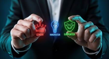 Businessman holding three glowing holographic icons representing core business roles on a dark background