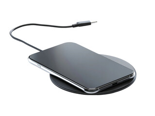 A smartphone wirelessly charging on a black charging pad Isolated Transparent Background, PNG