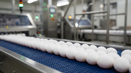 Automated egg production line at poultry factory