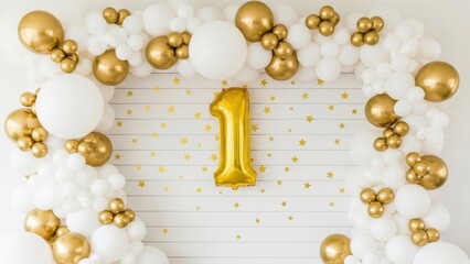 Elegant white and gold balloon arch with number one for celebration