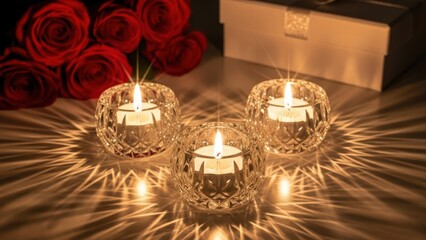 Romantic ambiance with lit candles and red roses on reflective surface