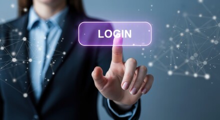 Businesswoman hand touching glowing purple login button on digital interface