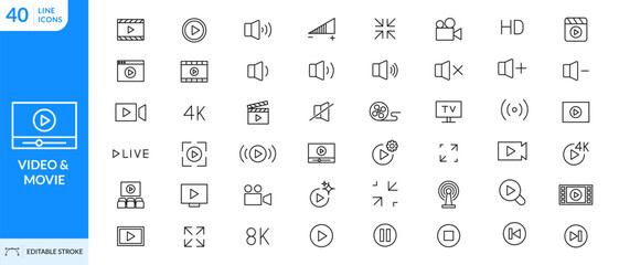 Video icon set. Containing camera, play, pause, volume, media, player, online video, live, broadcast, movie, cinema, fullscreen, windowed. Editable stroke