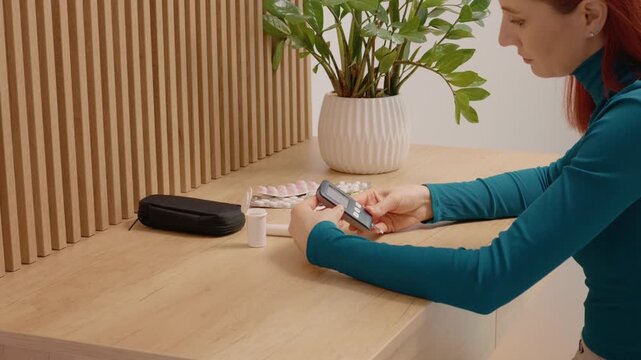 A woman sits at a table and prepares to check her blood sugar. She inserts a strip in the glucometer and pricks her finger with a lancing device to get a reading.