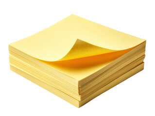 A close-up shot of a stack of yellow sticky notes with one corner peeled back. The notes are neatly stacked, and some are revealed. Isolated Transparent Background, PNG