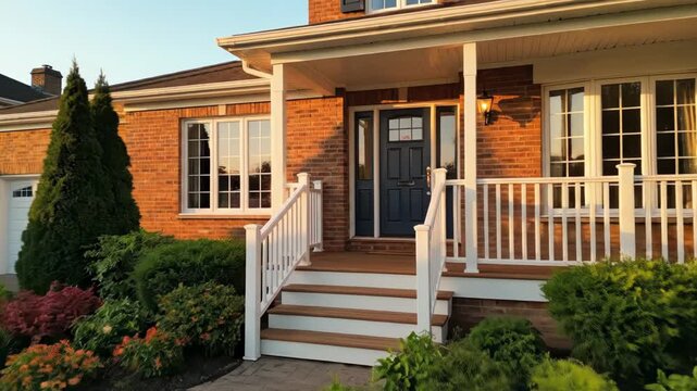 A beautiful brick house with a wellmanicured lawn and garden