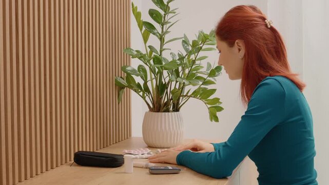 A woman uses a glucometer to check her blood sugar level. She reacts to the result and looks through her medication on the table for options to manage her health.