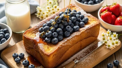 Delicious French toast with fresh blueberries and syrup on wooden board