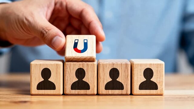 Hand placing block with magnet symbol among people icons