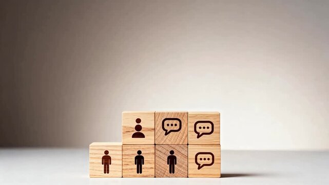 Hand placing wooden blocks with icons
