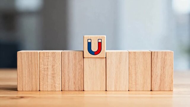 Hand placing wooden block with magnet symbol
