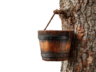 An old wooden bucket attached to a tree trunk, used for collecting sap. The scene showcases a close-up of the rustic bucket hanging on the rough bark of a tree Isolated Transparent Background, PNG