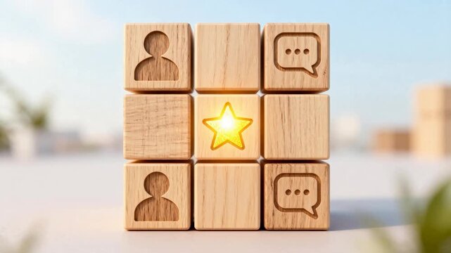 Wooden blocks with icons arranged in a grid