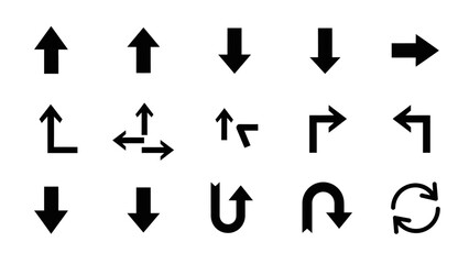 Collection of Black Arrow Icons in Various Directions on Isolated White Background