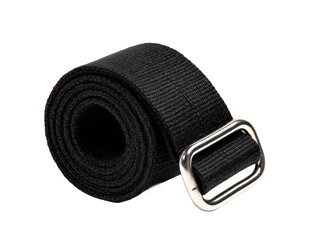 A rolled-up black belt with a silver buckle, displaying a classic and functional design Isolated Transparent Background, PNG