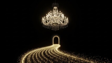 Elegant crystal chandelier leading to golden pathway