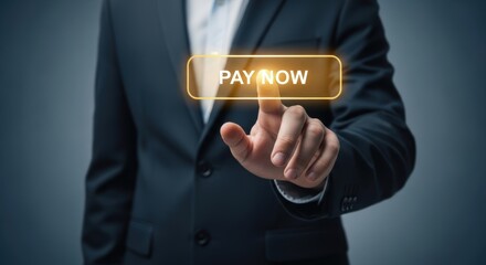 Businessman presses glowing virtual pay now button in a digital environment