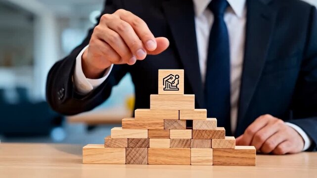 Businessman stacking wooden blocks