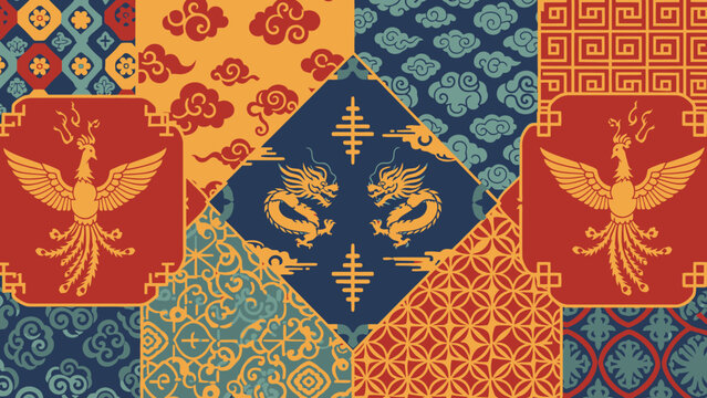 Rich traditional Chinese patterns and auspicious symbols with dragons and phoenixes in an intricate colorful patchwork design.