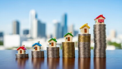 Miniature houses on coin stacks represent affordable housing and financial growth