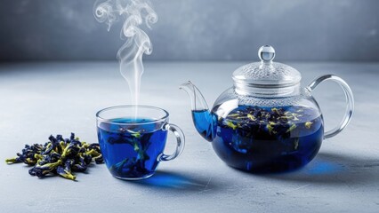 Steaming blue tea being poured from glass teapot into cup