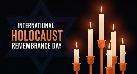 Commemorative design featuring illuminated white candles and the text marking international holocaust remembrance day with star silhouette