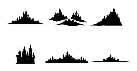 Collection of mysterious dark silhouettes of gothic castles on black background